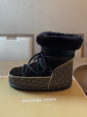 Michael Kors Black Faux Fur MK-Print Platform Wedge Boots